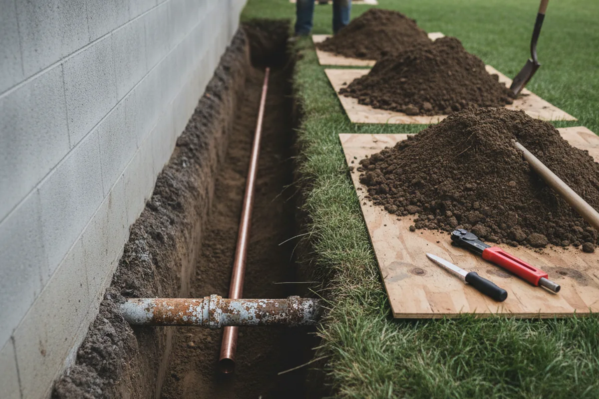 Excavated water line trench during Water Softener Installation in Decker